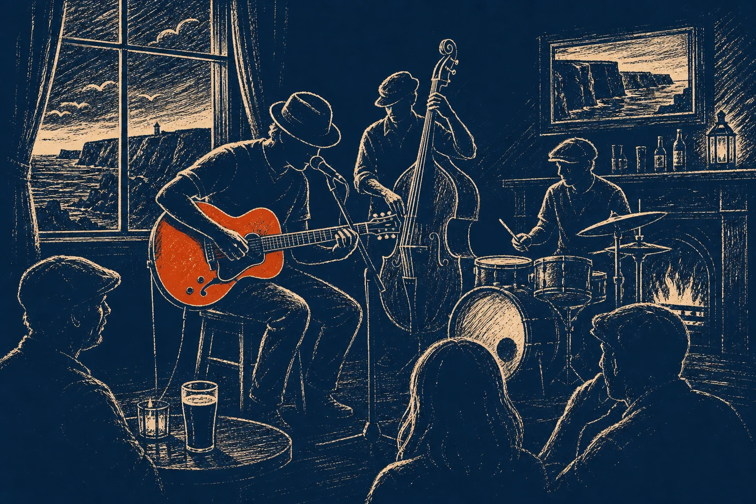 Musicians playing a blues jam session upstairs at McKenna's Bar, Monaghan