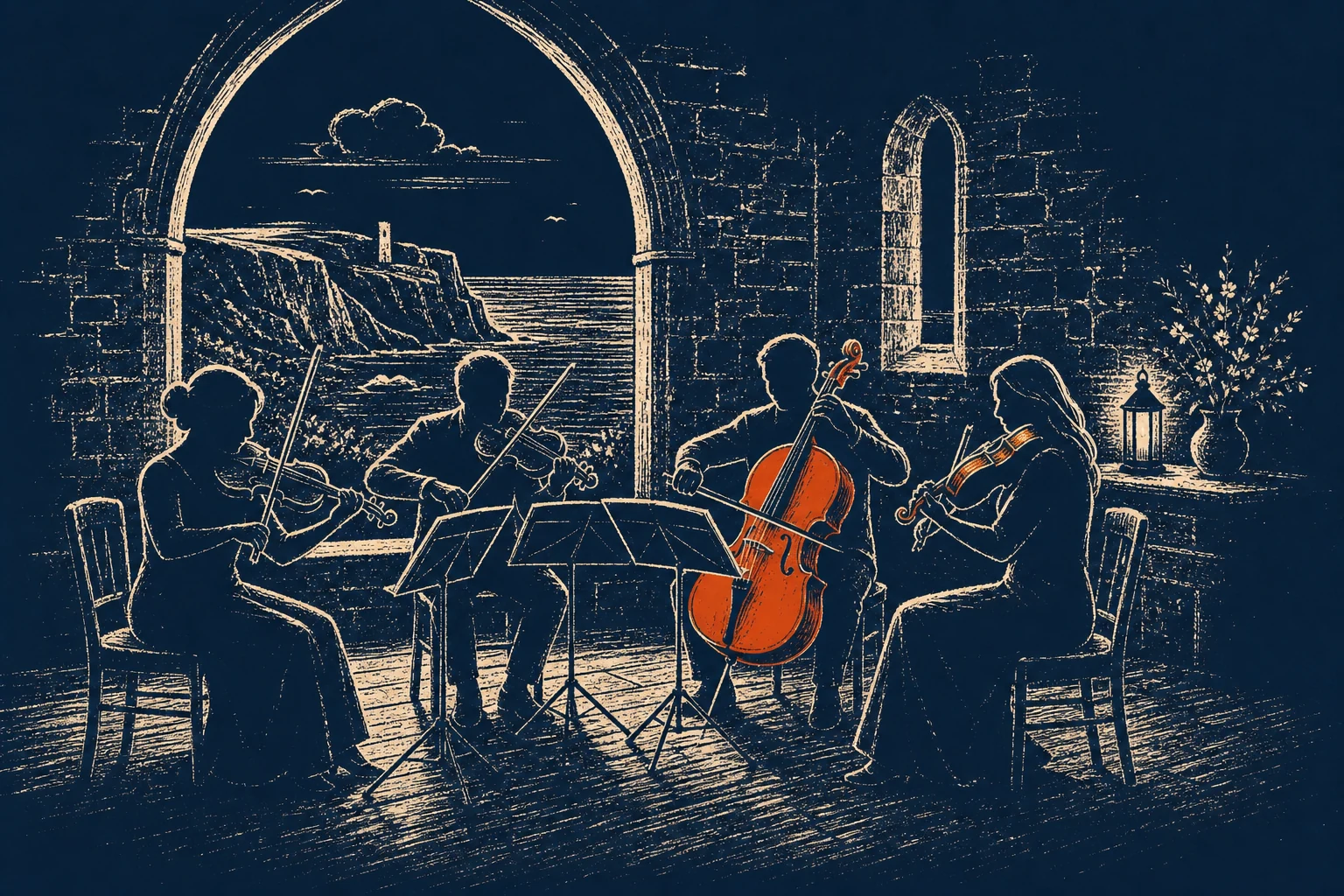 String quartet performing in a medieval church interior in Galway