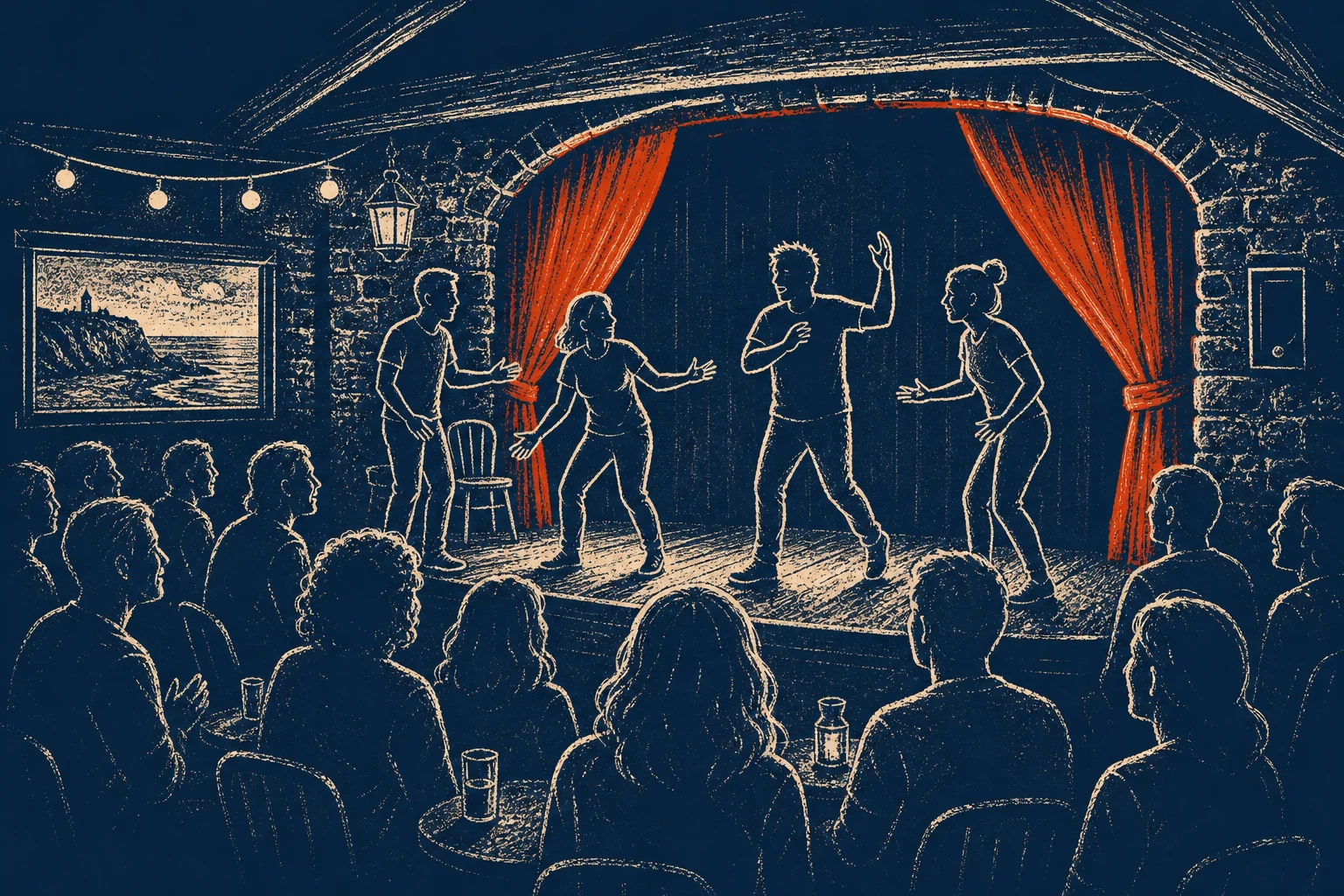 Improv comedy performers on stage at The Black Box Belfast