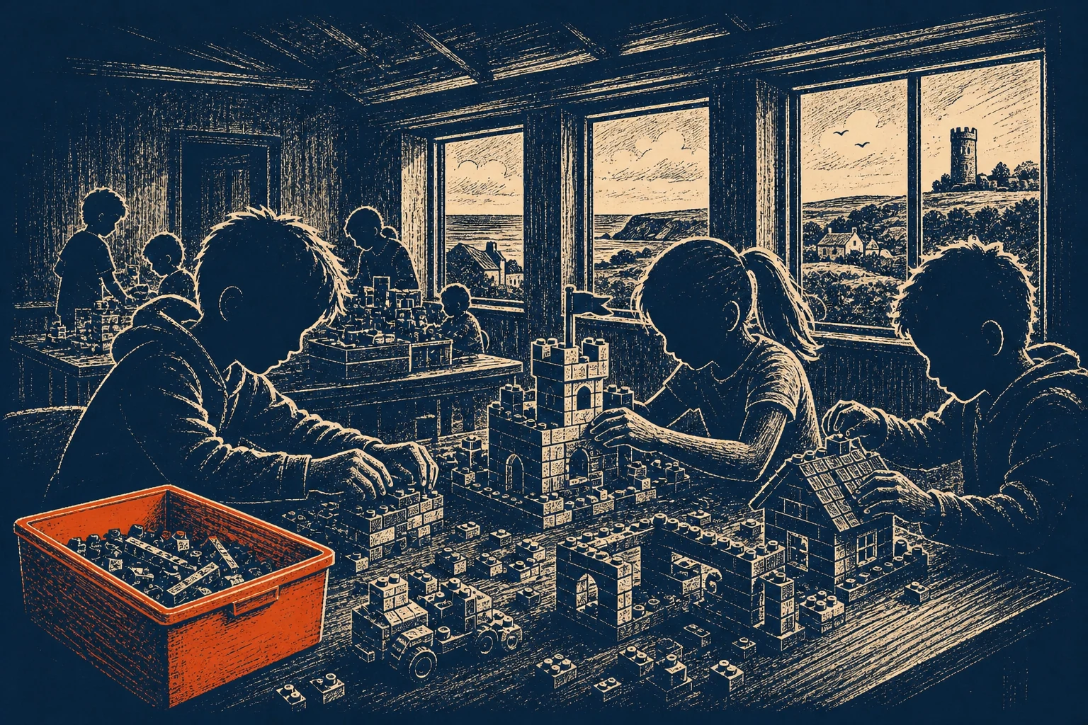 Children playing with LEGO bricks at an exhibition