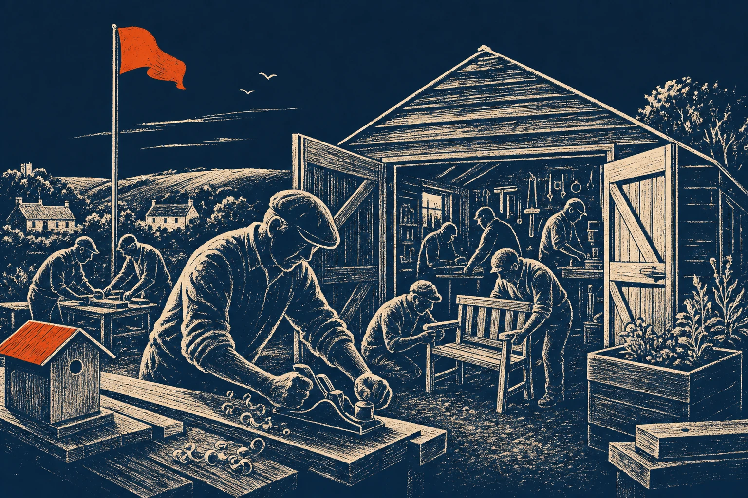 Workbench and hand tools in a community men's shed workshop