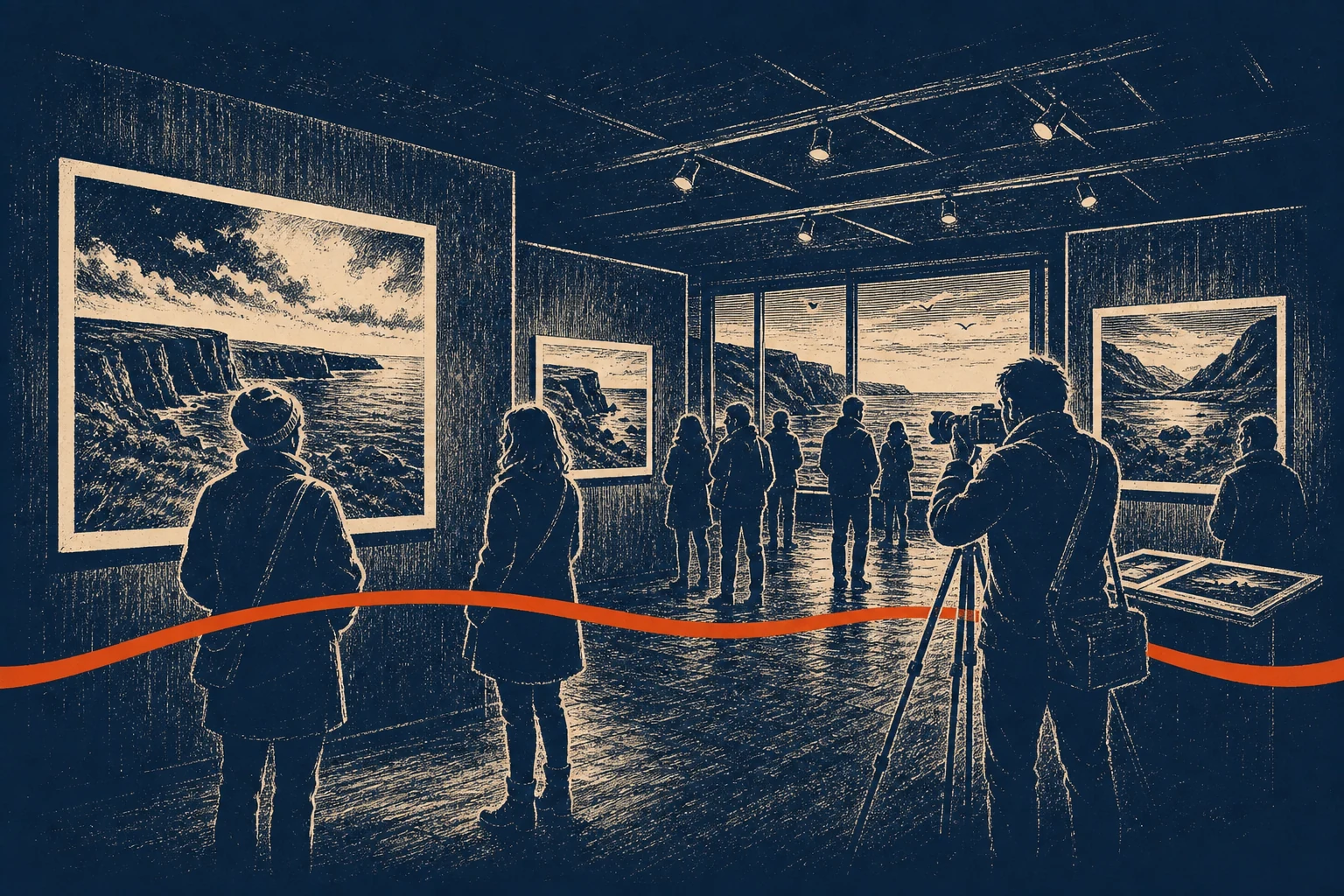 Photography exhibition prints displayed in the foyer of Nenagh Arts Centre