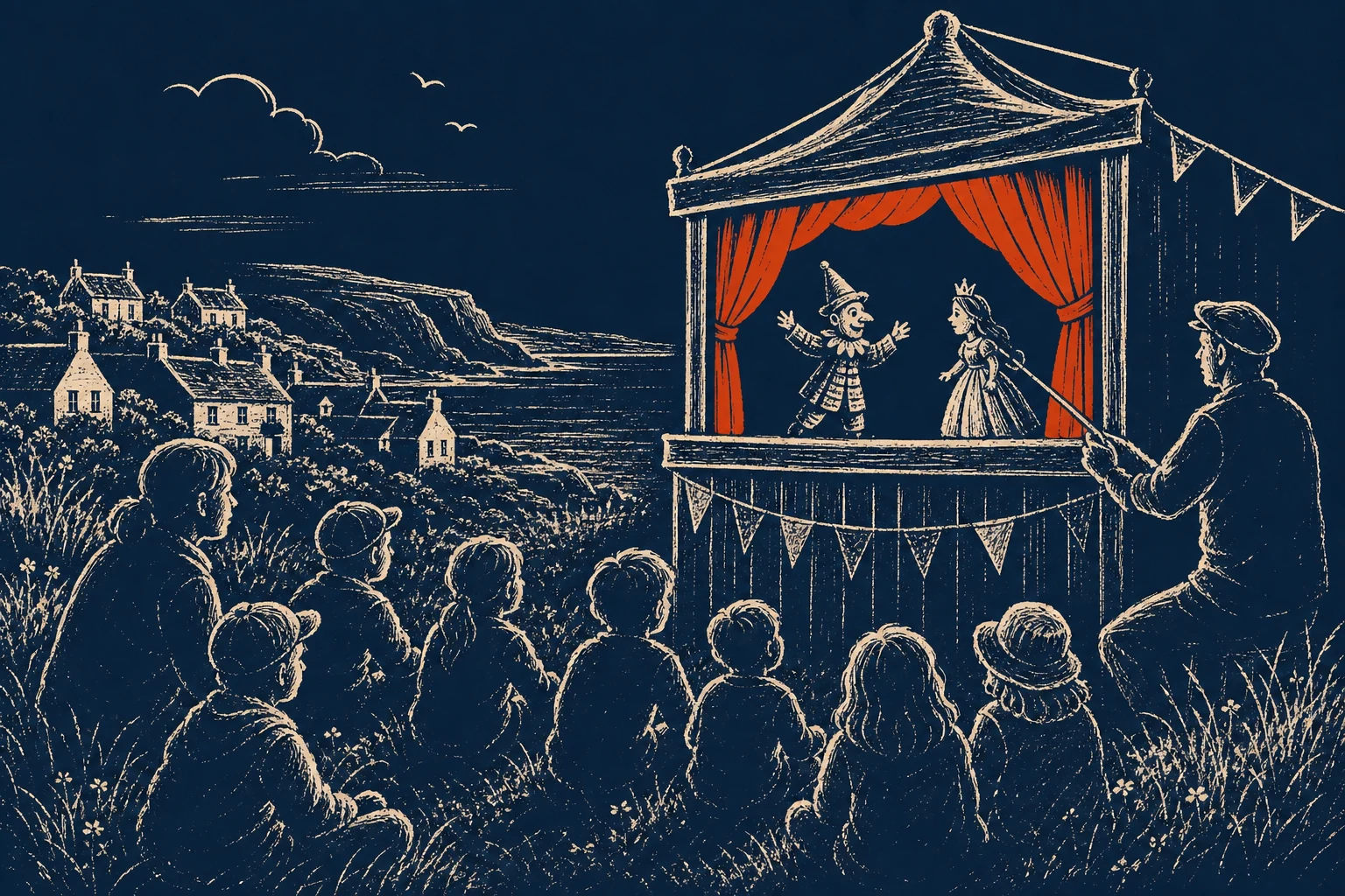 Colourful puppet characters on stage at Lambert Puppet Theatre