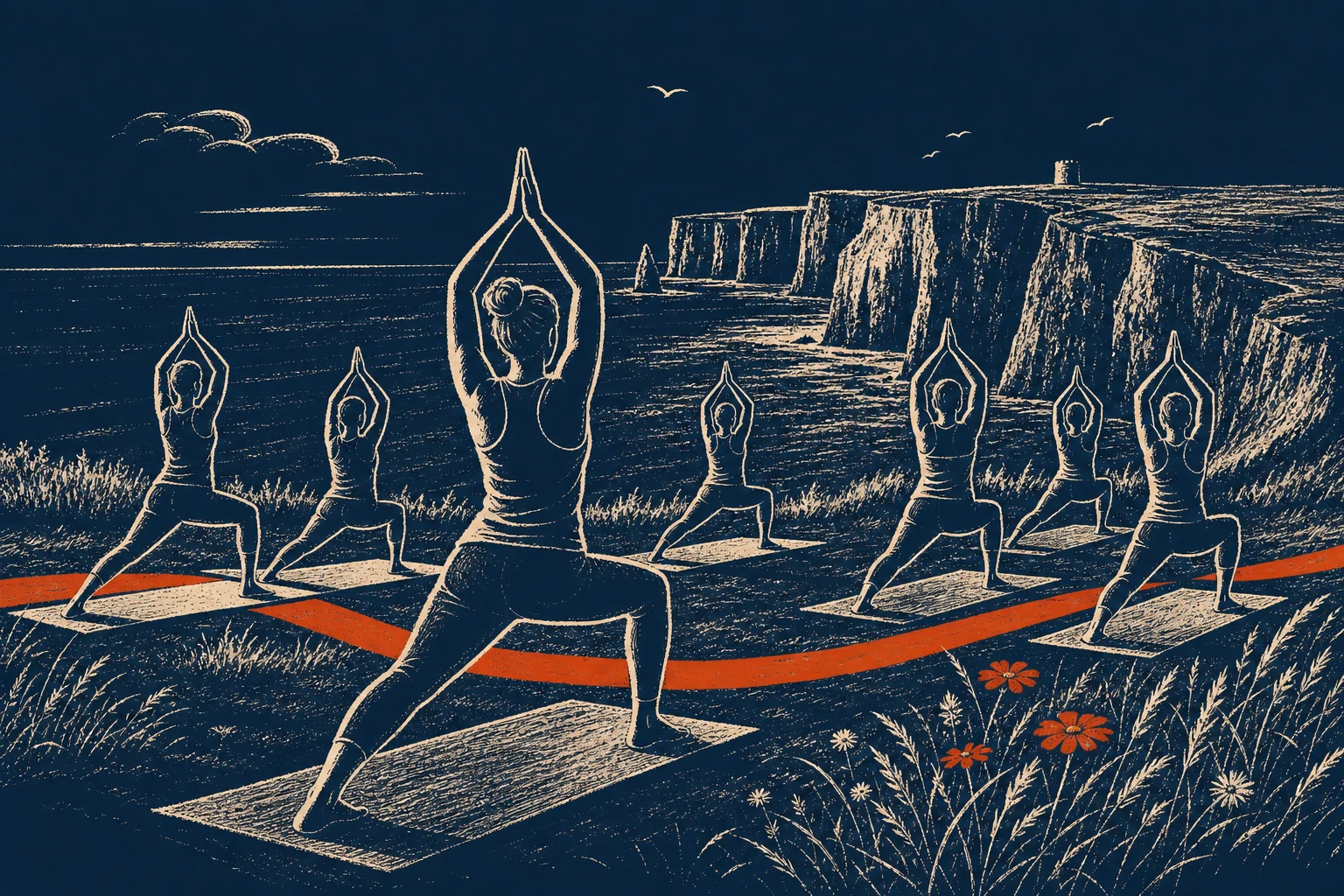 Yoga mats laid out in a room overlooking a lake